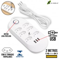 Extensão Elétrica 6 Tomadas Universais + 3 USB XC-FL-06 X-Cell